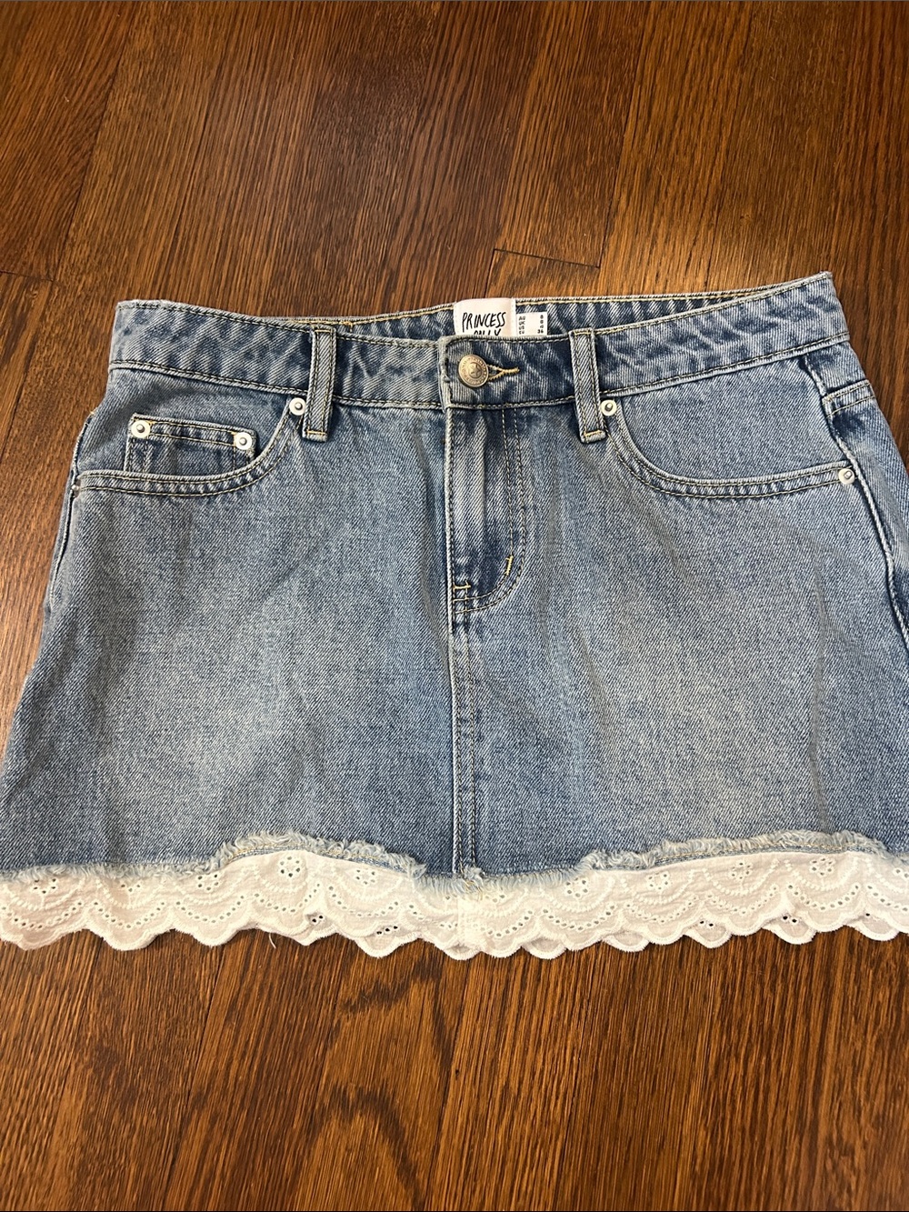 Princess Polly Light Blue Denim Mini Skirt with White Lace Hem
